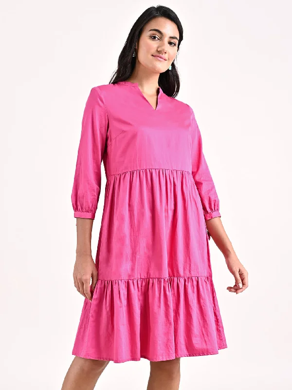 Cotton Tiered Dress - Fuchsia