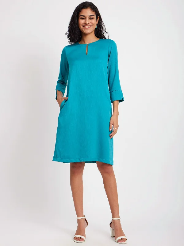 Satin Round Neck Dress - Teal