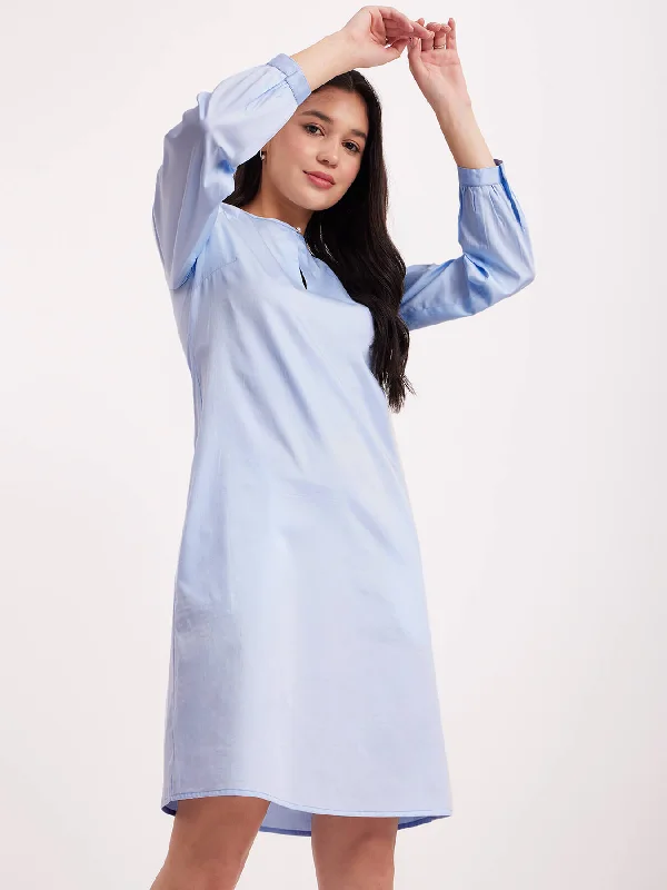 Cotton Raglan Sleeve Dress - Blue