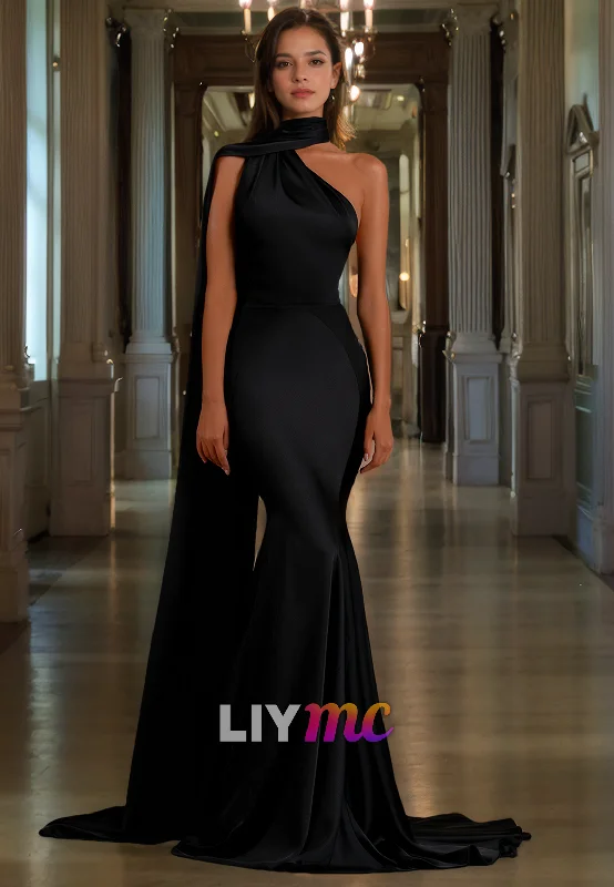 LP514 - Mermaid/Trumpet One Shoulder Satin Long Prom Evening Dress