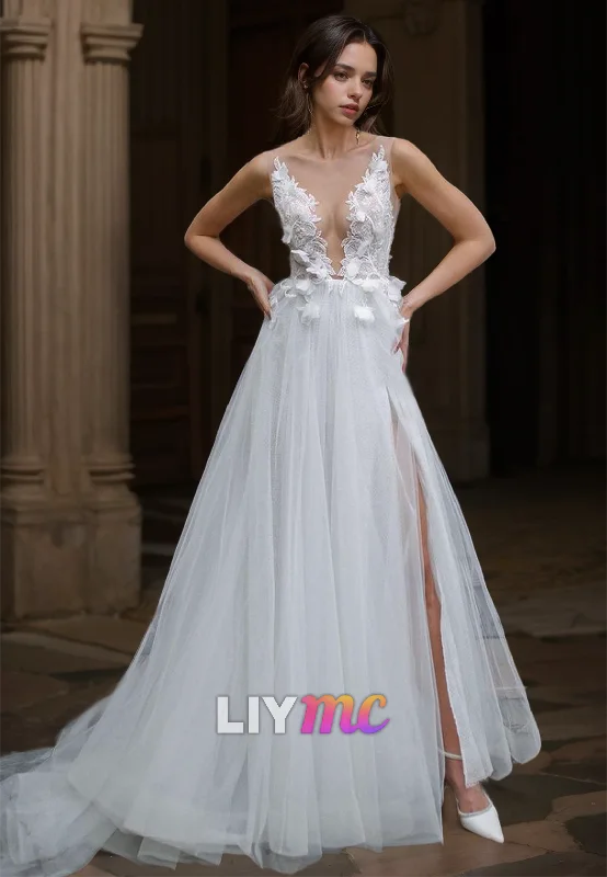 V-Neck Spaghetti Straps Floral Embellished Tulle A-Line Wedding Dress