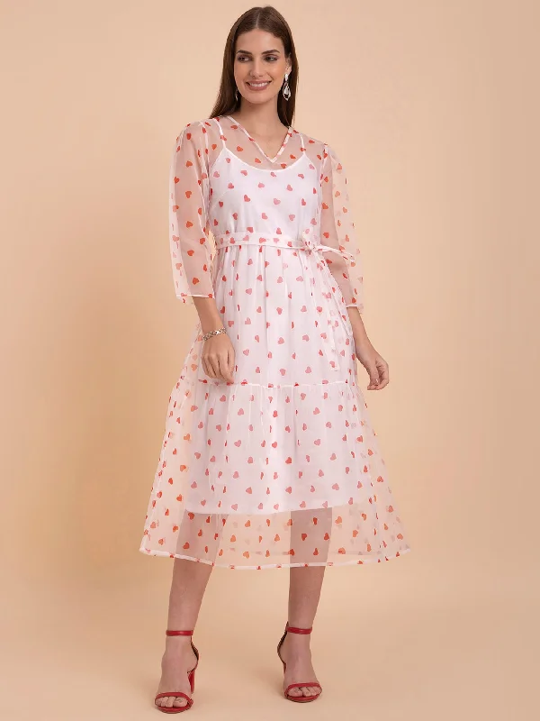 Organza Heart Print Tier Dress - White And Red