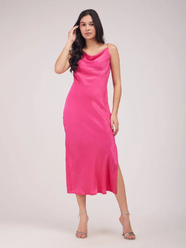 Satin Cowl Neck Dress - Fuchsia