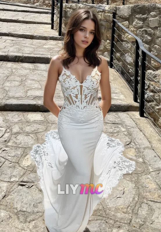 V-Neck Sleeveless Lace Appliques Mermaid Prom Dress