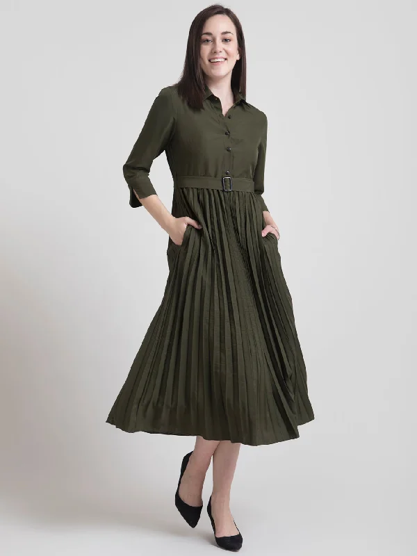 Collared Pleated Fit and Flare Dress - Olive