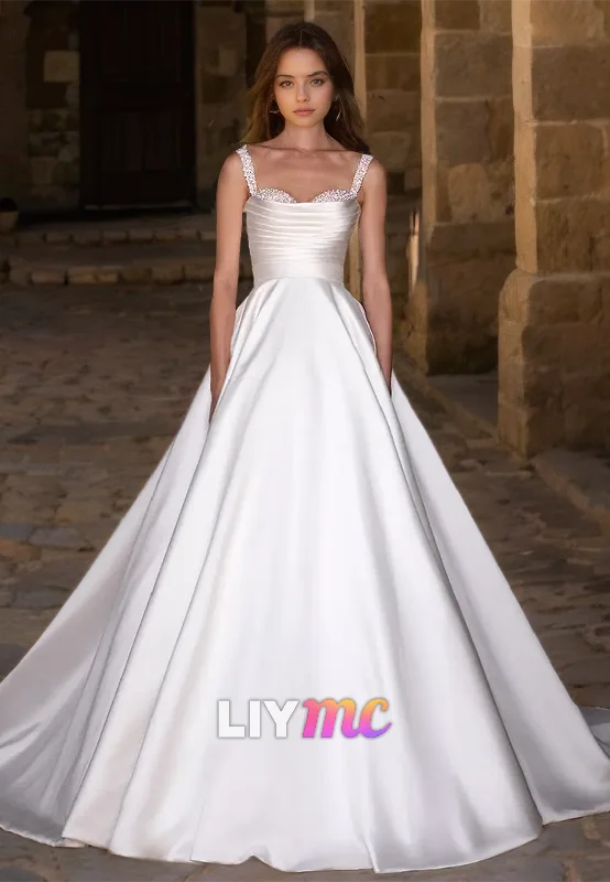 Sweetheart Straps Beaded Pleated Satin A-Line Wedding Dress