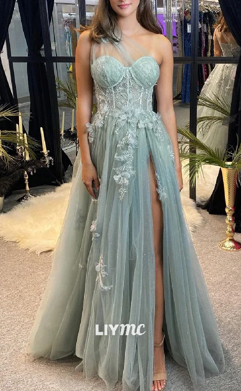 LP2156 - Sweetheart Sleeveless Appliques Floral A-Line Tulle Side Slit Prom Dress