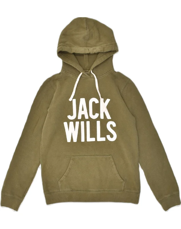 JACK WILLS Womens Graphic Hoodie Jumper UK 10 Small  Khaki Cotton