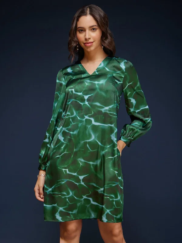 Satin Abstract Print Dress - Green