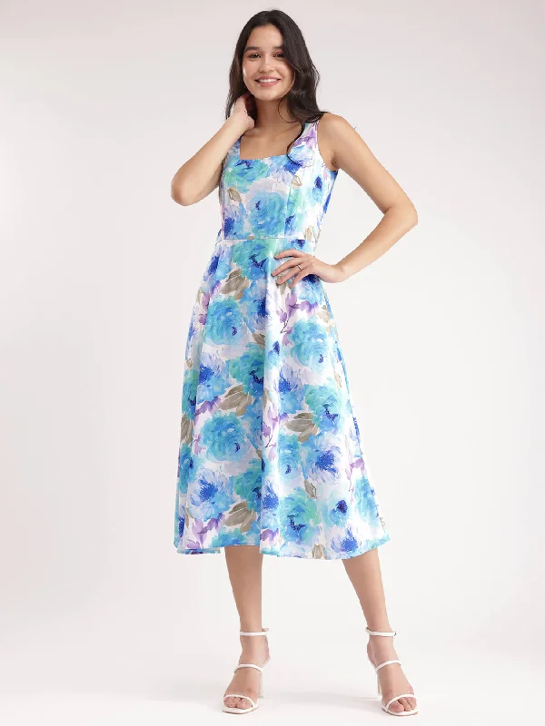 Floral Fit And Flare Dress - Blue