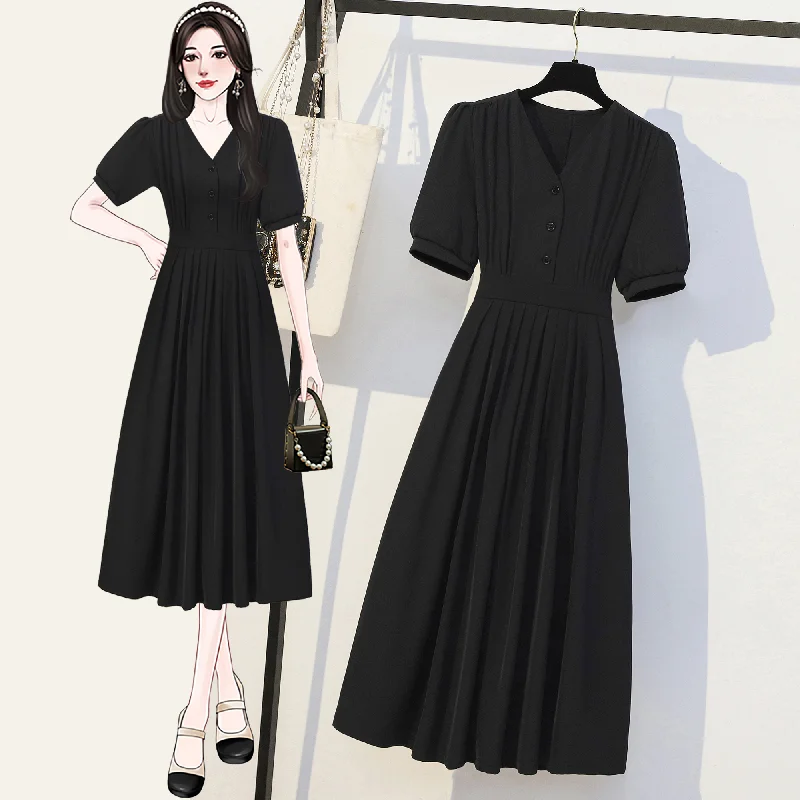 Plus Size V Neck Buttons Vintage Midi Dress