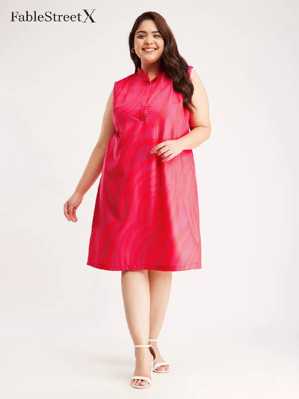 Mandarin Collar Sleeveless Dress - Fuchsia And Orange