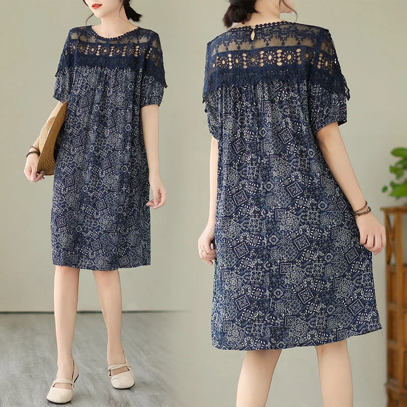 Plus Size Lace Upper Navy Pattern Shift Dress