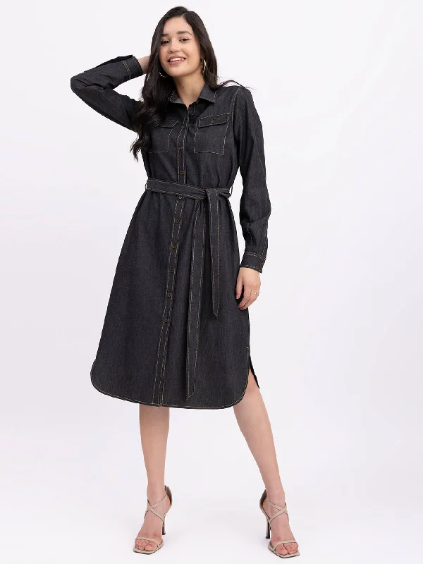 Denim Button Down Dress - Black