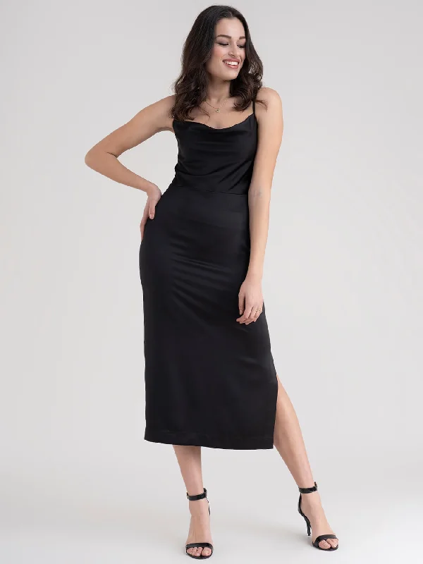 Satin Cowl Neck Shift Dress - Black