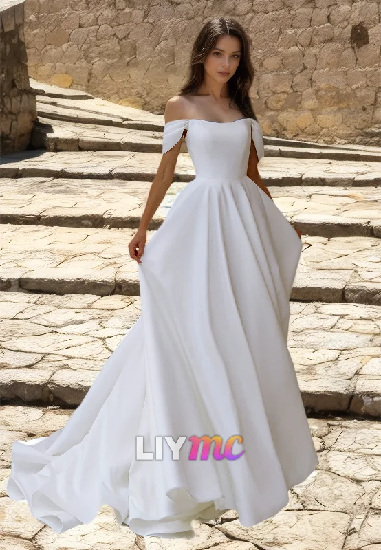 Off-Shoulder Sleeveless Pleated A-Line Wedding Dress